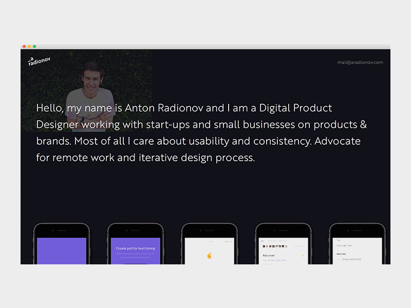 aradionov.com animation dark horizontal interaction one page personal portfolio scroll single