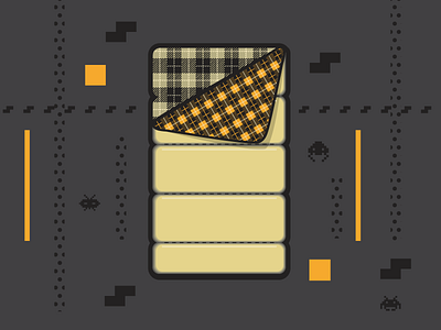 Sleeping Bag comfy grey orange puffy sleeping bag space invader vector drawing yellow