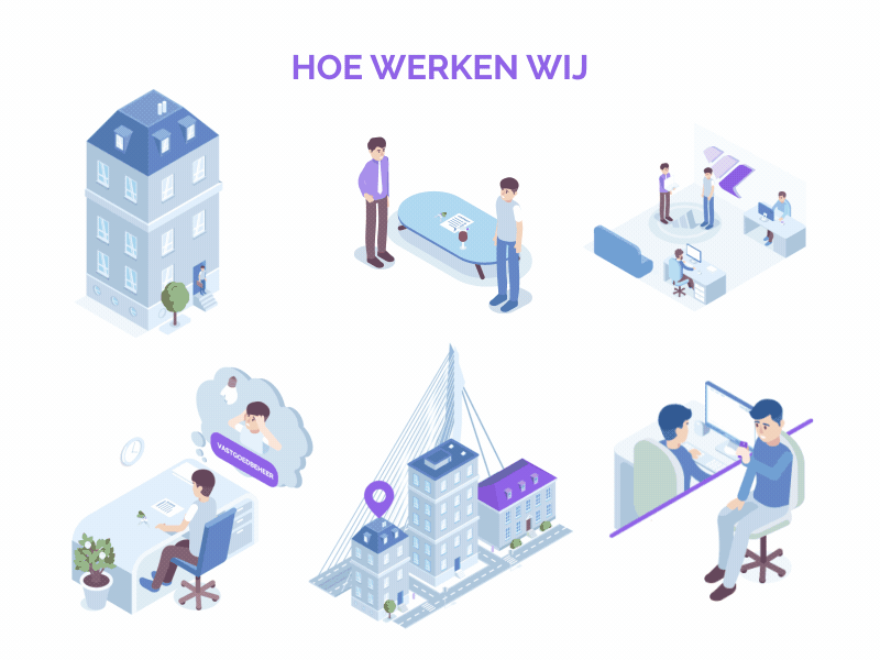 How we work animation building call character city office people rental riva