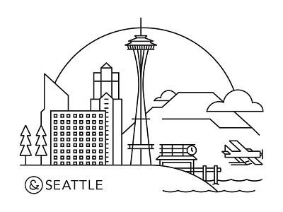 T&N Seattle Store Illustration buildings mountain outdoors pike place pnw seaplane seattle skyline space needle washington