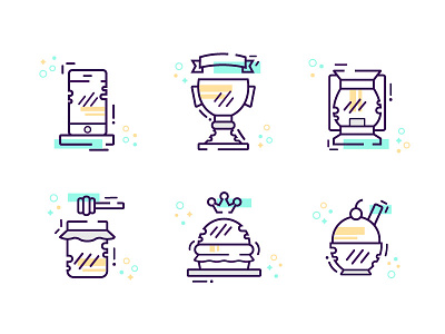 Random Icon Set burger creative icons honey ice cream illustration lamp line art phone trophy