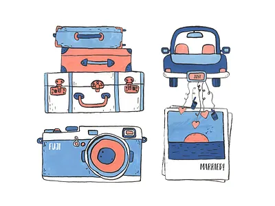 Honeymoon car fuji gouache honeymoon illustration just luggage married memories photo sunset travel