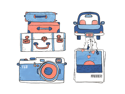 Honeymoon car fuji gouache honeymoon illustration just luggage married memories photo sunset travel