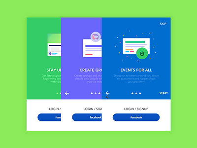 Onboarding android design events groups illustrations login onboarding signup skip start ui updates