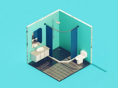 Tiny Room THREE bathe bathroom brick c4d green micro mirror model room tiny toilet