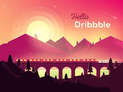 Train to Dribbble debut illustration invite landscape mountains night train