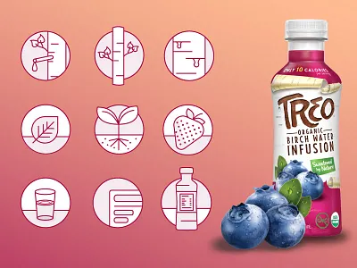 Custom TREO Birch Water Icons adobe birch bottle flat fruit illustration shadow single stroke strawberry vector
