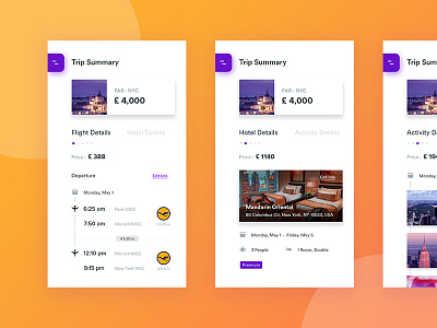 Trip Booking Application activity booking car concept flight hotel purple summary travel trip ui ux