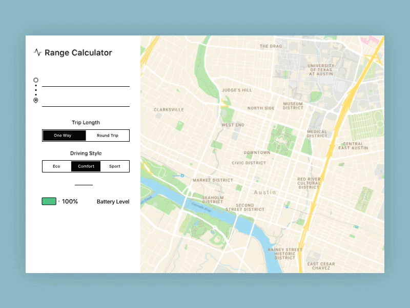 EV Range Calculator /// Widget Concept animation austin car card charging electric ev map motion principle tesla ux