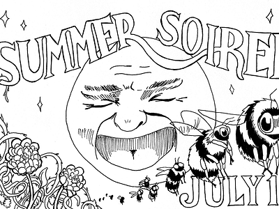 Summer Soirée bee blackberry drawing illustration insect invitation lettering moon peony vine