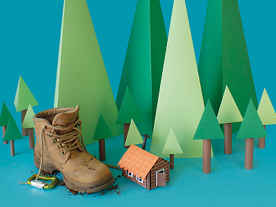 Camping set boots colors craft green handmade hiking illustration nature paper papercraft tactile design trees