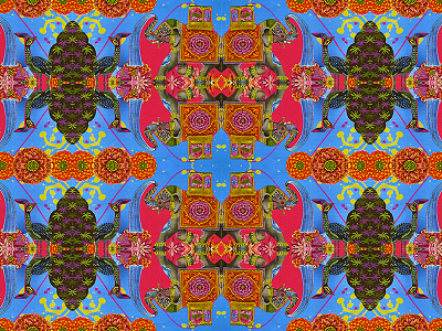 Hathi aur Moar collage colourful elephant flowers peacock