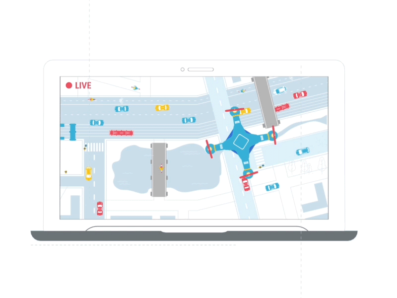 Drone Control ae city drone flat laptop live map office road traffic turn worker