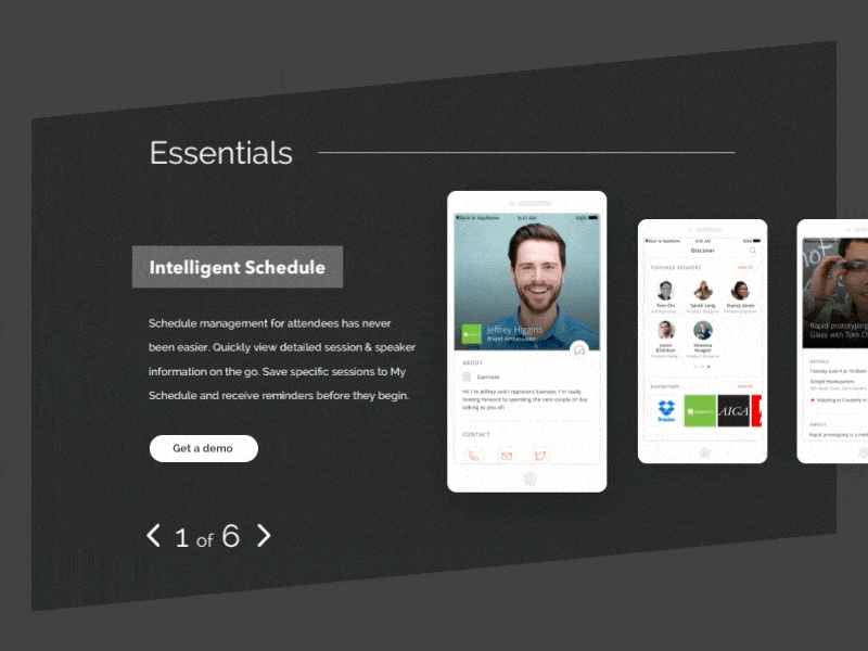 Essentials Web Carousel animation app event flat gif grey ios iphone shadow web