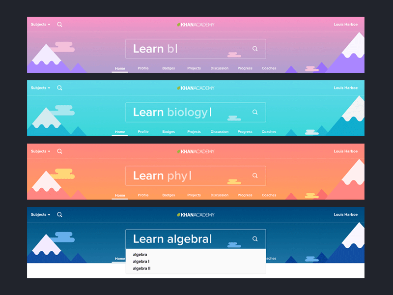 Khan Academy Time-for-Learning Header day design interactive learning night search ui