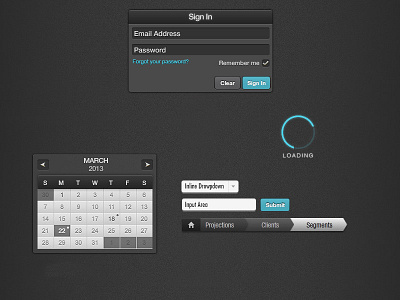 Dark themed web app - App style guide app bread crumbs breadcrumbs calendar calender drop down form loading log in login web web app