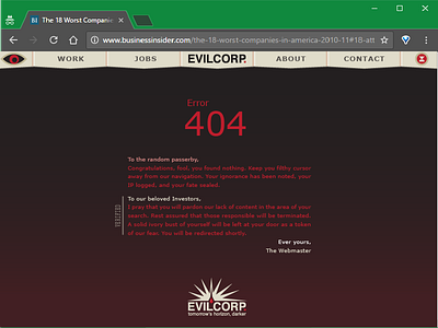 DailyUI 008 Evilcorp 404 008 404 copy corporate dailyui day008 evil faux screenshot