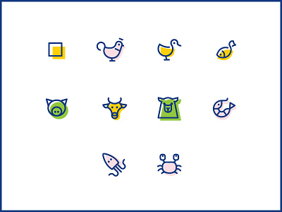 Food icons animal beef chicken cow duck fish lamb pig pork shrimp squid tofu