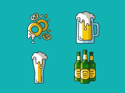 Beer and snacks illustrated icons alcohol bar beer bottle flat design icon linear pint pub snack