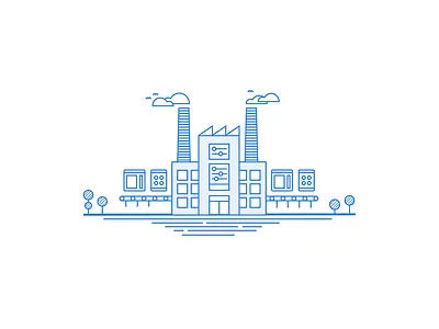 Web Factory Illustration - Linear Study birds blue building cloud creating factory line art outline responsive tablet tree web