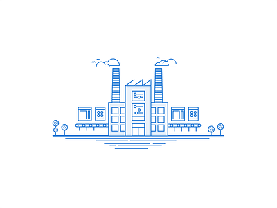 Web Factory Illustration - Linear Study birds blue building cloud creating factory line art outline responsive tablet tree web