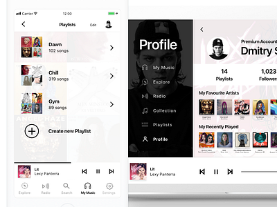 Music UI (White) - Playlists & Profile app artist black clean design monochrome music playlist simple ui ux white