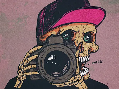 Snap Happy camera drawing illustration ink pen photography skull