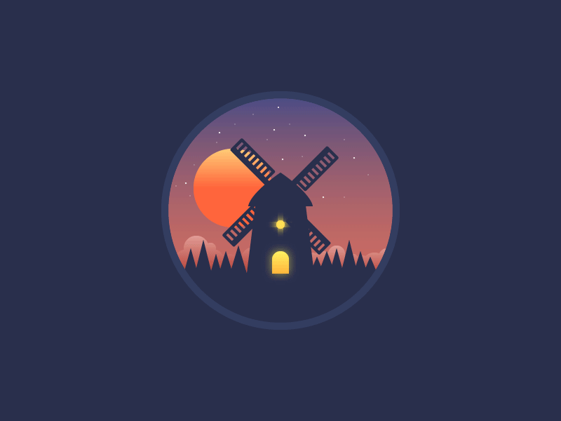 Windmill animation illustration moon nature night star tree wind windmill