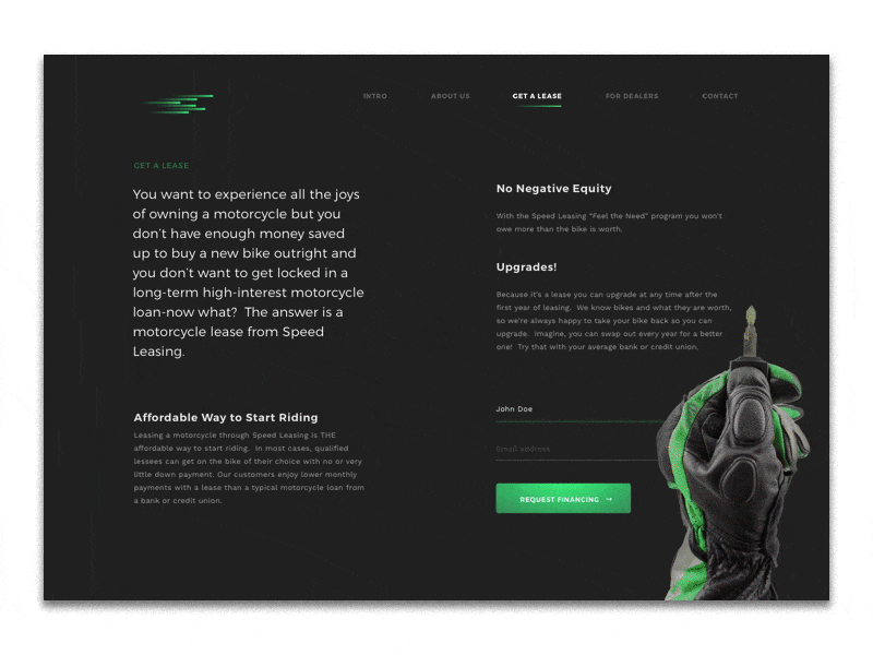 🏍 leasing company animation dark financial green interaction landing leasing lp motorcycle ui ux