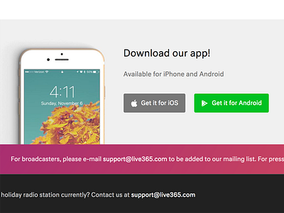 Live 365 Christmas Landing Page Footer black buttons download buttons footer gray iphone mockup purple red white