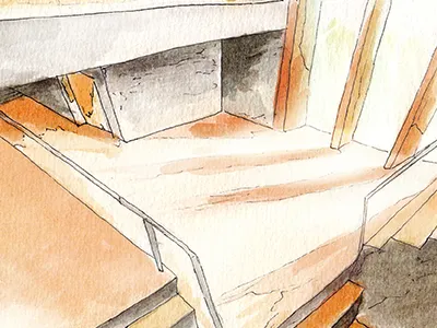 A quick 3-point-perspective architecture perspective room watercolor