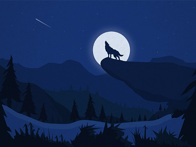 Wolf alone beast blue forest illustration moon night stars wild wolf