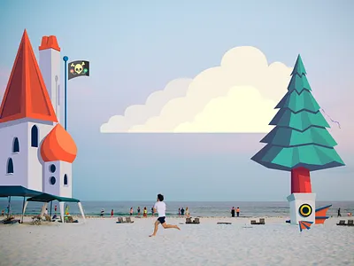 Beach Palace (129/365) beach building clouds fish flag illustration low poly palace pine sky tree vector