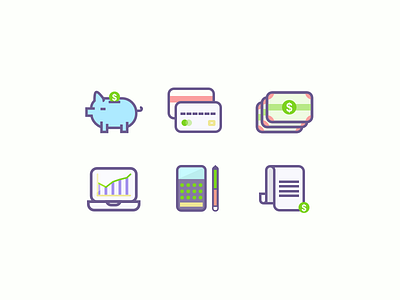 Financial Icons calculator chart credit card icons laptop ledger money pigbank