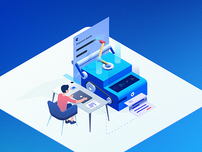 Invoice Creator blue generator illustration invoice isometric laptop machine man spark udhaya ui