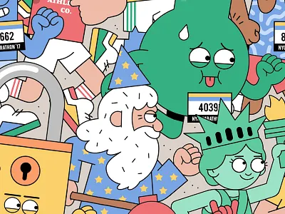 Central Park Runner's Club 2d black outline character design crowd scene illustration nyc statue of liberty wizard