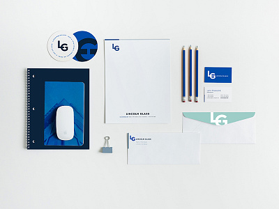 Lincoln Glass Branding architecture brand identity brand package branding business card coasters glass graphic design letterhead logo marketing collateral notebook