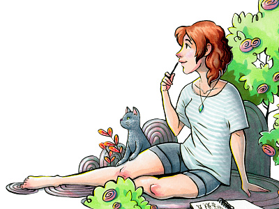 Contemplation brush brush pen cat copic cute flowers girl marker nature pen pencil promarkers