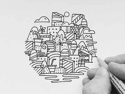 Summer buildings circle doodle drawing geometric ice cream line minimal shapes summer