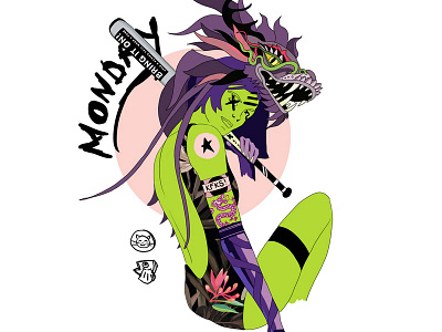 Monday 2d character color dragon girl green illustration sport story street style surf wild