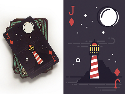 J♢ card game icon lighthouse line moon nature playing sea vector