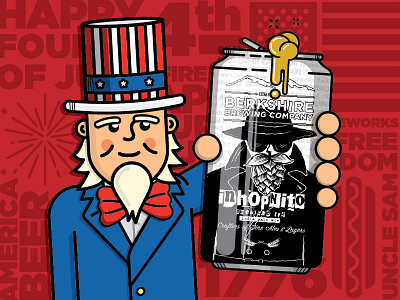 Uncle Sam cracks a cold one beer berkshire brewing design fireworks fourth of july illustration red white and blue uncle sam