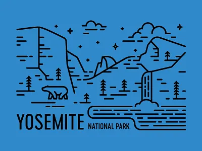 Yosemite bear bridal veil falls california el capitan half dome line art national park pine postcard waterfall yosemite