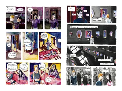 Muse, Part 1, Pages 3 & 8 comic book comics graphic novel illustration ink wash muse noir underpainting watercolor writing