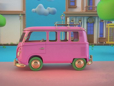 Pink Car 3d car cartoon color cute fan funny pink road toon tree