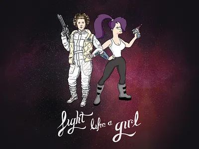 Fight Like A Girl badass ladies digitally coloured in fan art feminism futurama galaxy girl power hand drawn illustration leela leia star wars