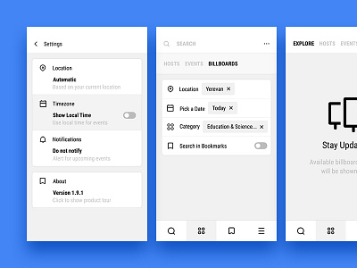 Settings, Search & Billboards andoid interface ios iphone material minimal mobile ui ux