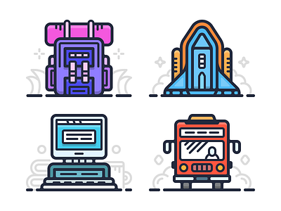 Web Illustrations backpack bus car flat icons illustration pc rocket shuttle
