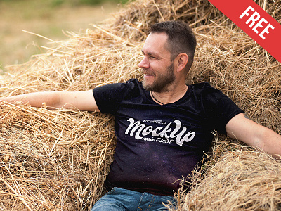 Male T-shirt – Free PSD Mockup field free hay male man mockup mockups nature product t shirt village