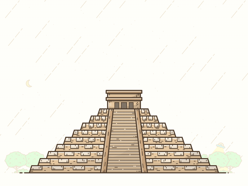 Chichen Itza animation chichen itza flat gif monument moon pyramid stars stroke tree ufo wonder